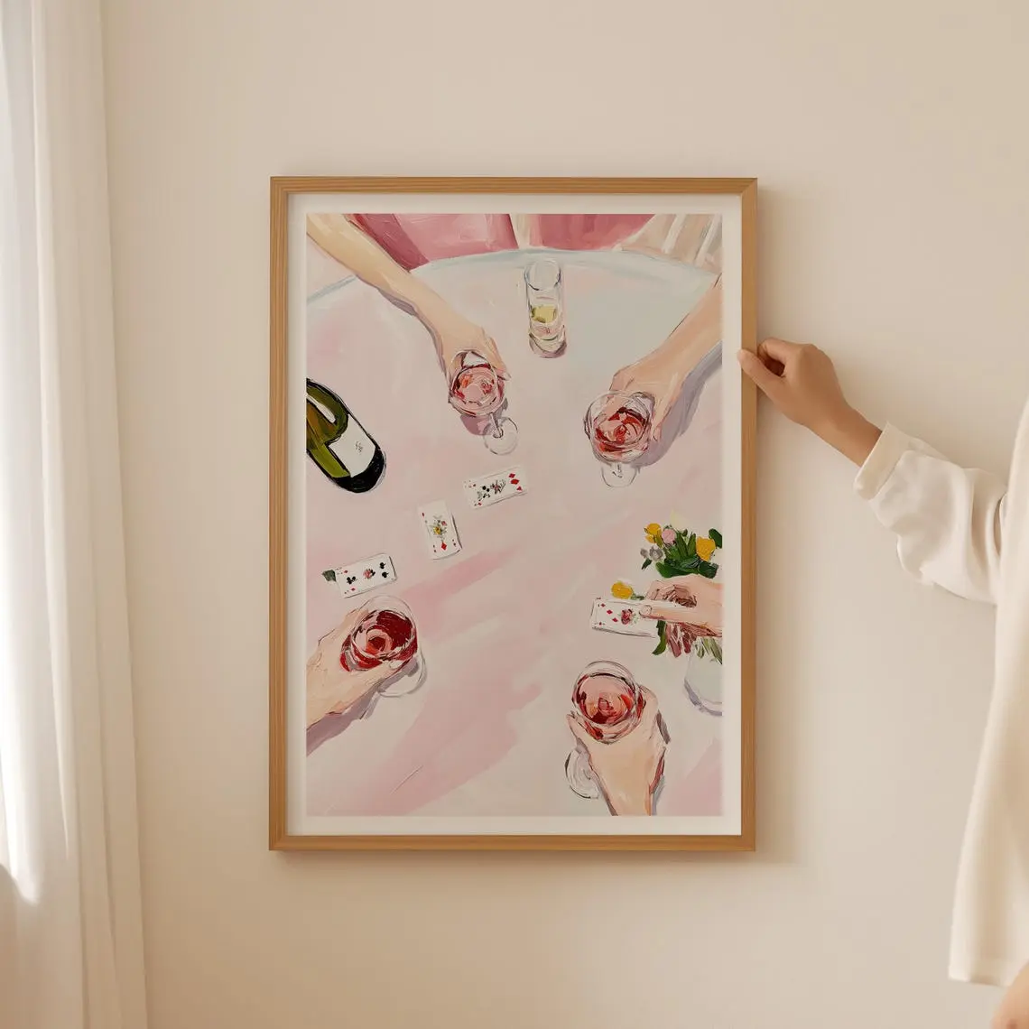 Girls Night Poster – Pastel Rose Wine Cheers Art, Feminine Wall Art for Poker Night, Dinner Party Decor & Chic Apartment Aesthetic