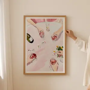 Girls Night Poster – Pastel Rose Wine Cheers Art, Feminine Wall Art for Poker Night, Dinner Party Decor & Chic Apartment Aesthetic