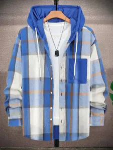 Men's Plaid Checked Hooded Jacket Outerwear Long Sleeve Drawstring Casual Top with Pockets, Comfortable Daily Wear for Fall & Winter
