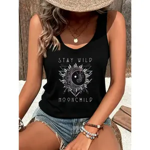 Women'S "Stay Wild Moonchild" Pattern Tank Top |   Bohemian Style Sun and Moon Design, Lightweight Sleeveless Top, Machine Washable Neck Casual Wear for Spring, Summer, and Autumn, Artistic Print, Daily Wear, Bohemian Style