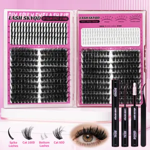 LASH SKYQD 480pcs 4 Styles D Curl False Eyelash Cluster Kit, Bottom/Spike/Cat 100D/Cat 80D Volume Lash Extensions Kit With Lash Bond and Seal Tweezers, Perfect for Beginners & Proficient, DIY at Home Easily, Easy Apply for Makeup Daily