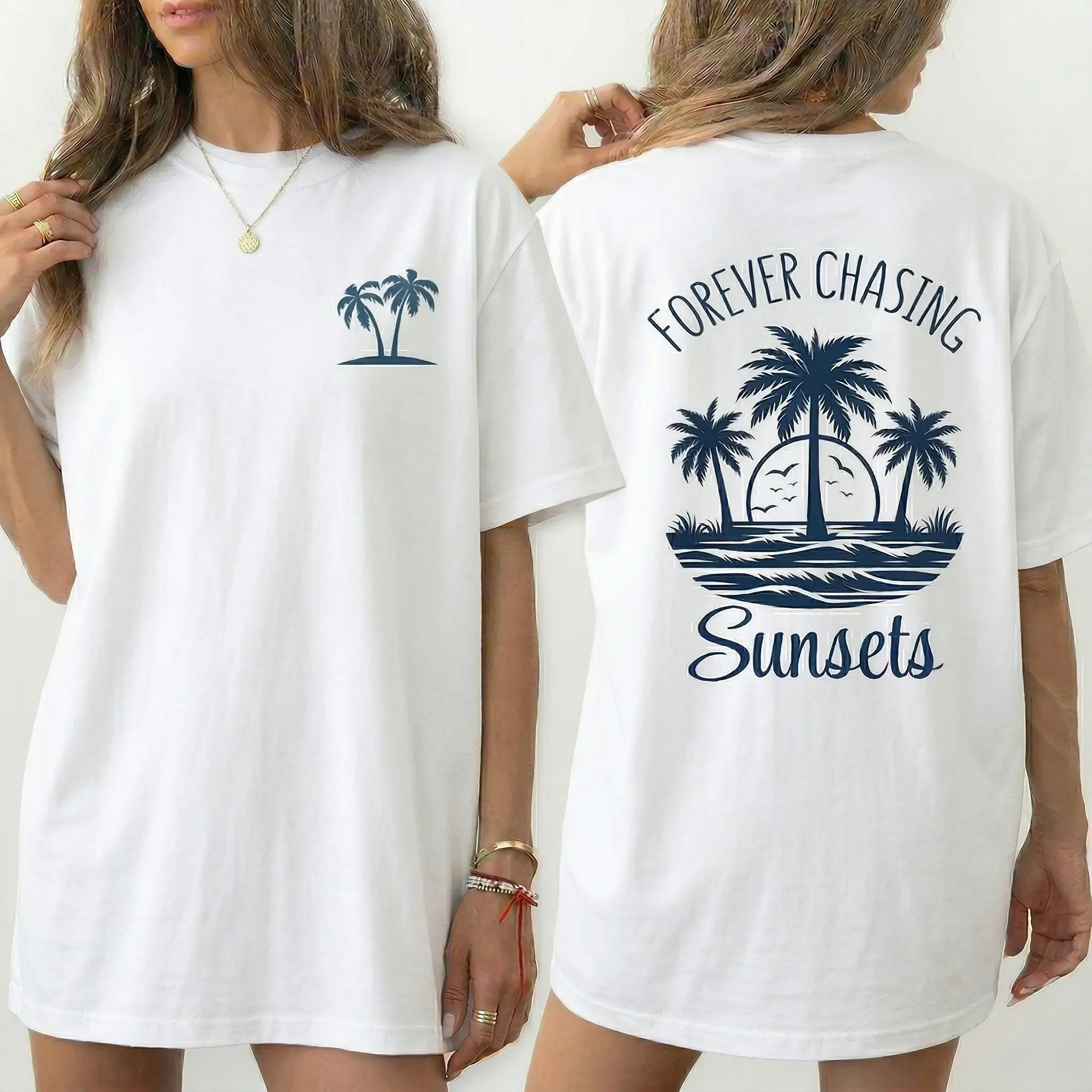 Women's 100 Cotton Oversized Casual Custom Print T-Shirt - Back Palm Trees Coastal Art Graphic Apparel, Summer Beach Vacation Sports Top for Outdoor Cruises, Oversized Fit, Tshirt