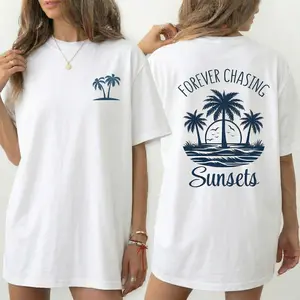 Forever Chasing Sunsets T-Shirt Back Print Palm Tree Ocean Graphic Tee Summer Beach Vacation Outfit Cruise Squad Girls Trip Coastal Aesthetic Top