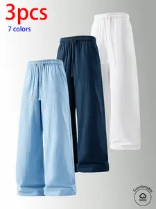 3-pack men’s pure cotton long pants: loose straight casual pants, sweatpants/joggers, featuring a drawstring waistband design. Available in multiple colors. Suitable for home lounging, daily commuting, outdoor walks, short trips, camping—versatile casual