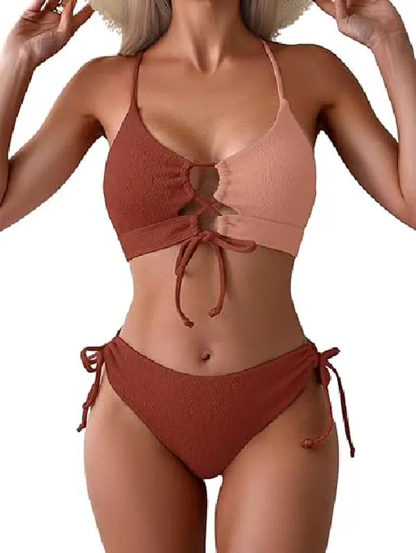 Two Tone Crinkle Fabric Spaghetti Strap Bikini Set, Front Lace Up Cutout Crisscross Back Tie Side Drawstring Two-Piece Swimwear for Women Summer Beach Vacation