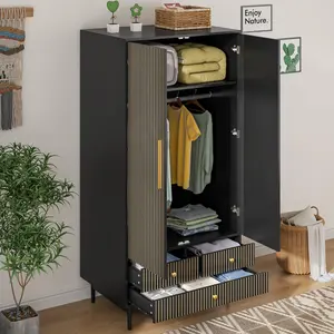 Armoire Wardrobe Closet with 2 Fluted Doors, Hanging Rod and Shelf Storage,3 Drawers, Wardrobe Cabinet with Freestanding Closet for Bedroom Portable Large wood drawer portable closet portable clothes Furniture Home Organize Modern Design Interior