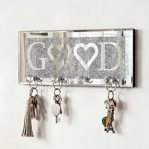 Mirrored GOOD Key Holder with Crystal Hooks, Sparkly Silver Mirror Wall Decor