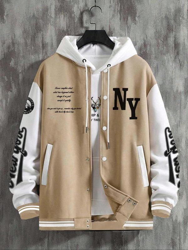 Men's Letter Print Baseball Collar Bomber Jacket, Loose Casual Sporty Long Sleeve Varsity Jacket for Fall & Winter, Men's Outerwear for Daily Wear Men's Letter Print Baseball Collar Bomber Jacket, Loose Casual Sporty Long Sleeve Varsity Jacket for Fall & Winter, Men's Outerwear for Daily Wear
