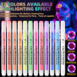 12 Colors UV Glow Face & Body Paint Pens, Neon Fluorescent Makeup Markers, Waterproof Quick-Drying, Skin-Safe, Perfect for Party, Cosplay, Christmas