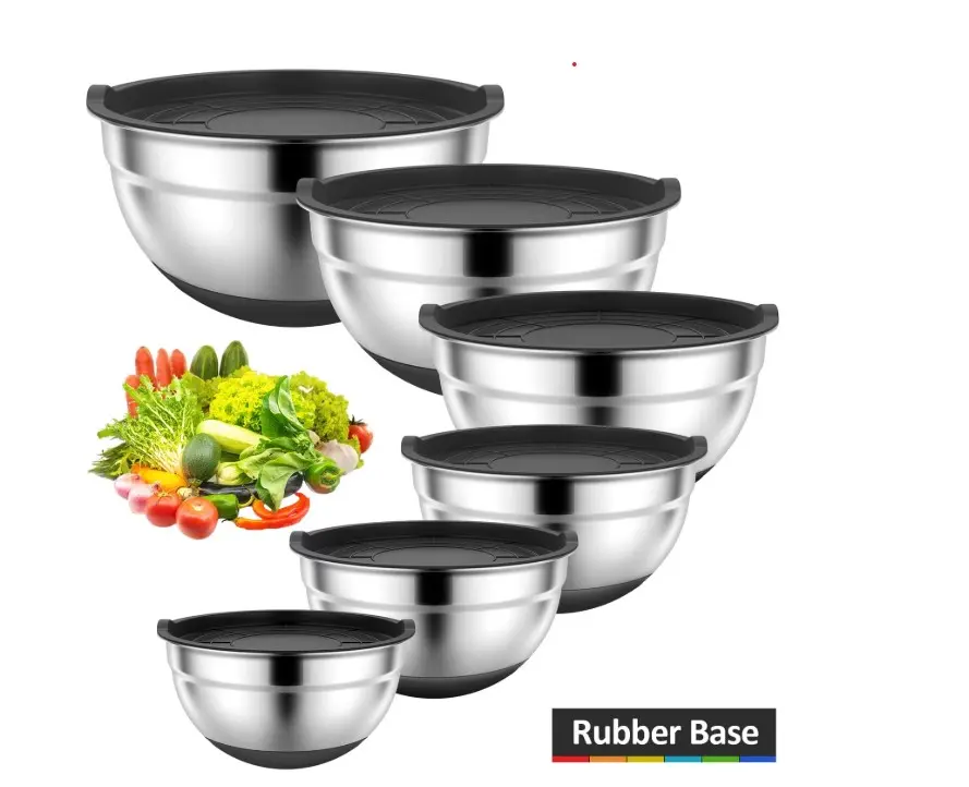 TINANA Mixing Bowls with Lids: Stainless Steel Mixing Bowls Set - 6 Piece Metal Nesting Mixing Bowls with Rubber Bottom-Black