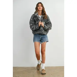 Fuzzy Fleece Zip-Front Patterned Jacket
