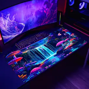 Mushroom & Waterfall Pattern Mouse Pad, 1 Count Large Gaming E-sports Computer Thickened Fluorescent Mouse Pad, Washable Non-Slip Mouse Pad