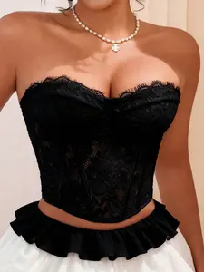 Women's Strapless Floral Lace Bodycon Top, Ruffled Hem Crop Tank, Perfect for Parties and Nightclubs, Stylish, Elegant and Feminine Design