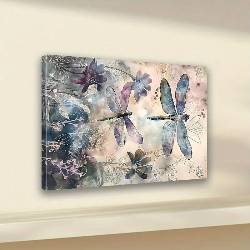 Celebration Decoration, 1 Piece Dragonfly Wall Art Canvas Print, Floral and Insect Theme Home Office Decoration, Unique Gift Canvas Wall Hanging, Wooden Frame Living Room Bedroom Kitchen Artwork