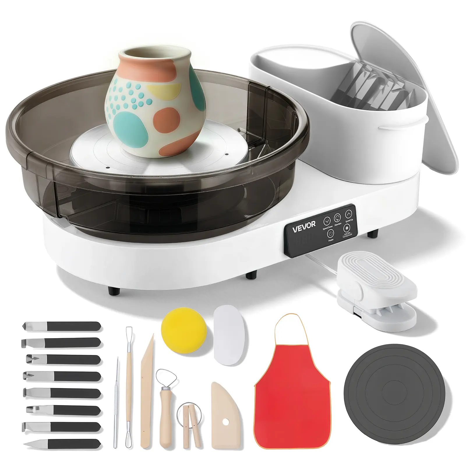VEVOR Electric Table Top Pottery Wheel for Adults, 14in & 11in Turntables, 450W with Foot Pedal, 30-300 RPM Adjustable Speed, Aluminum Body, for Beginners, Clay Art Items, Ceramics, White