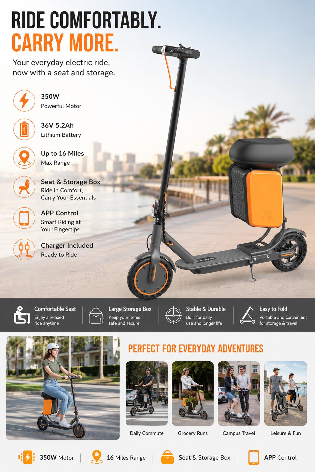 350W DSS Certified Electric Scooter with Seat, Storage Box, 36V 5.2Ah Battery – Portable Commuter Scooter, 19MPH Top Speed, 20-mi Range, 3 Speed Modes, Dual Brakes, Smart APP Control for City Commuting, Campus Rides tiktokshopbacktoschool