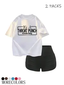 Rebellious Sweet Girl Slogan Tee Shorts Set, Casual Oversized Blue T-Shirt with Throat Punch Print, High Waist Ruched Shorts