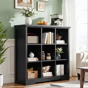 Wooden 9-Cube Storage Organizer with Charging Ports, Modern Cube Bookcase with Base, 4-Tier Floor Standing Open Cubbies Bookshelf for Home and Office