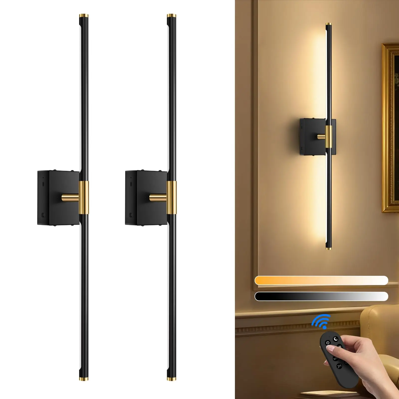 Guwikou Wireless Sconces Set of 2 Battery Operated,8000mAh USB Rechargeable Wall Light with Remote Control,3000K-6000K LED Dimmable Wall Lamp for Living Room, Hallway, Bedroom (Black+Gold)