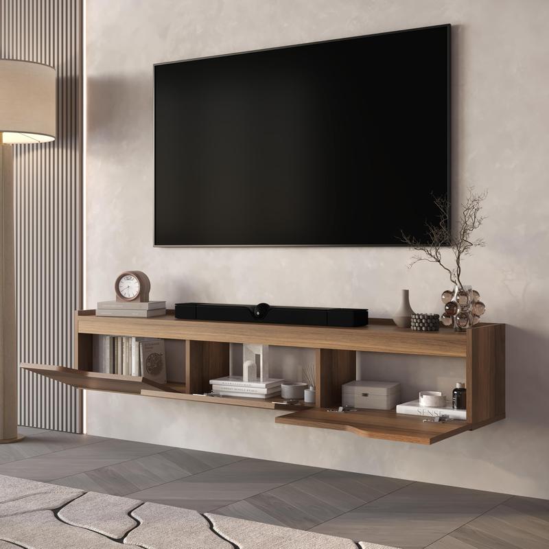 Atelier Mobili Walnut Floating TV Stand for 75 Inch TVs - Modern Entertainment Center with Cable Management for Living Room