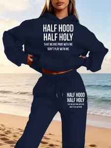 Autumn Winter Hoodie Sweatshirt Sweatpants Set, Half Hood Half Holy Graphic Print, Street Style, Loose Fit, Daily Wear