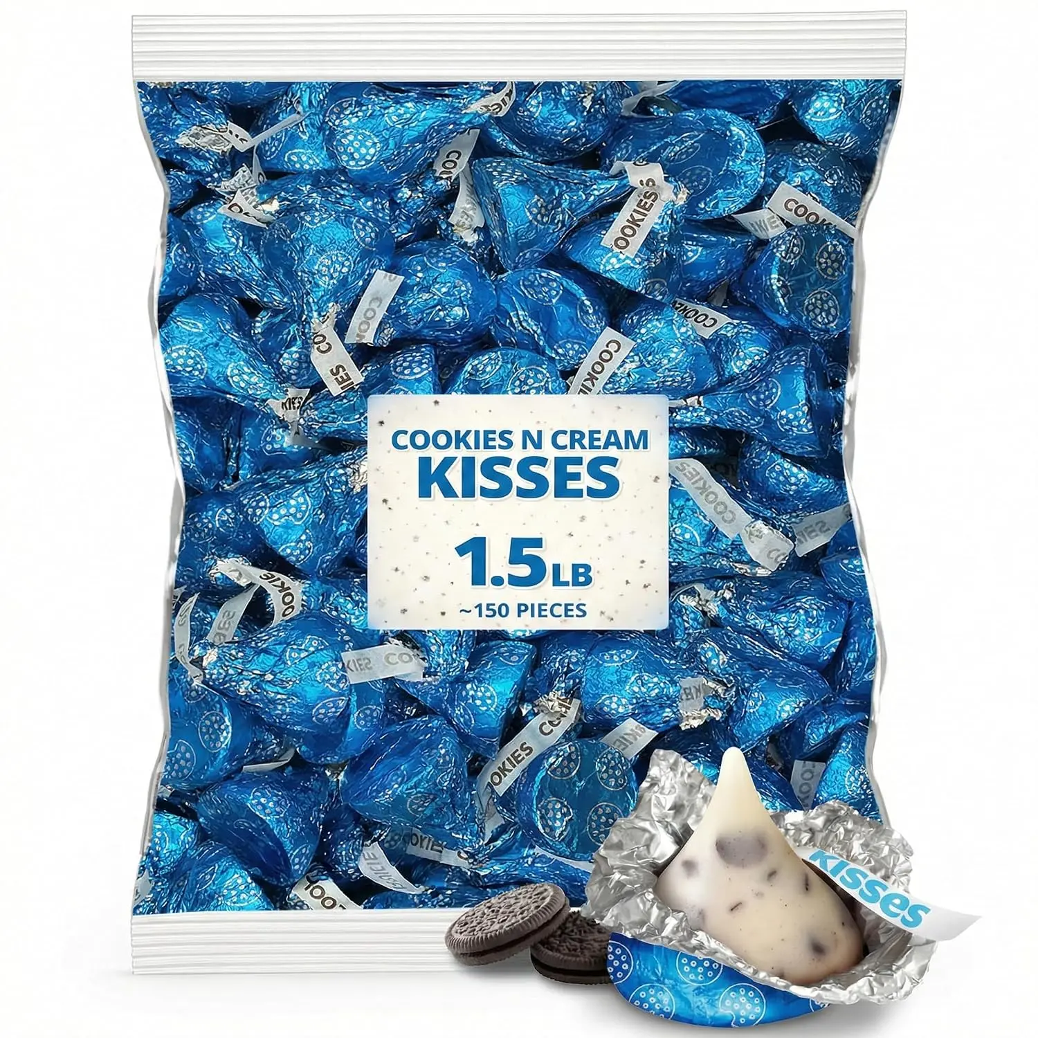 Cookies & Cream Kisses Candy - 1.5 lb Bulk Bag - White Creme Kiss-Shaped Candy (Approx. 150 Individually Wrapped Pieces) for Sweets Bowls, Party Favors, Baby Showers, Dessert Tables & Baking