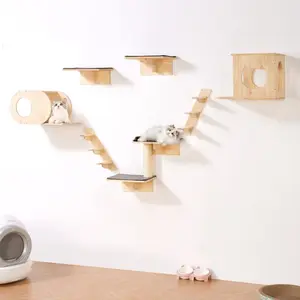 7-Piece Wood Wall-Mounted Cat Furniture Set, Wall Shelves with Perches, Jumping Boards, Bed, Hammock & Tree, 40 lbs Weight Capacity for Sleeping, Climbing