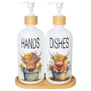 2Pcs Highland Cow Dish Soap Dispenser withTray Farmhouse Cow Floral Plastic Dispenser with Pump Refillable Liquid Soap Container for Bathroom Kitchen Countertop Decor