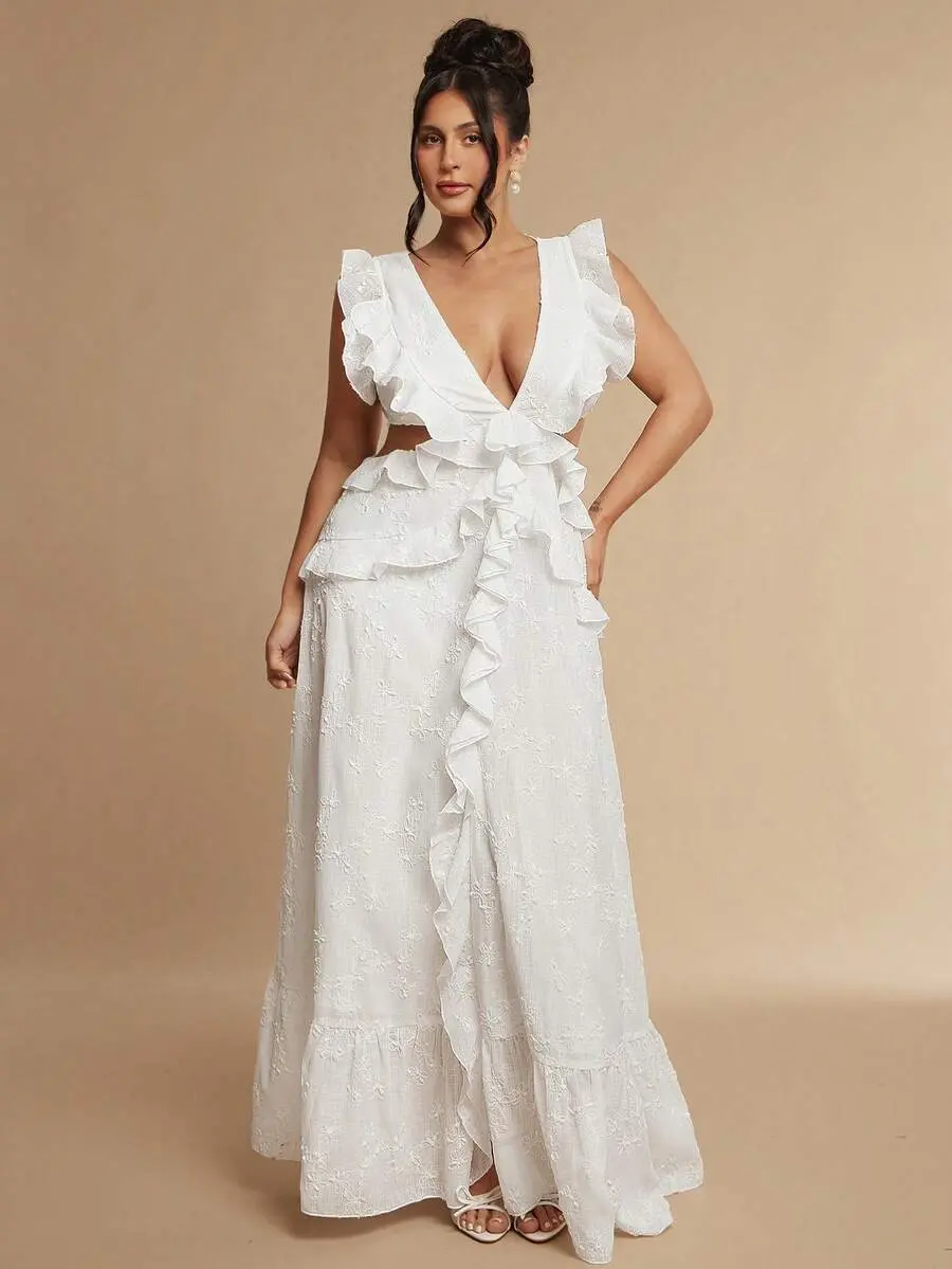 BAE CURVE Plus Size Women's All White Ruffle Long Dress, Hollow Out Dress, Beach Cocktail Party Vacation Dress Summer Elegant