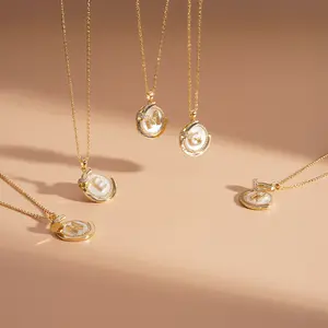 Gold Initial Necklace for Women – Mother of Pearl Letter Pendant with Cubic Zirconia, 18K Gold Plated Round Pendant, Elegant Personalized Jewelry, Birthday Gift for Her, Luxury Necklace Jewelry