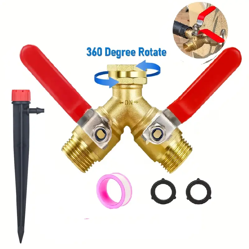 3/4-Inch Brass Body Heavy-Duty 2-Way Hose Splitter, Y-Valve Connector with Red Handles, Full-Flow Outdoor Garden Water Splitter for Watering, Irrigation
