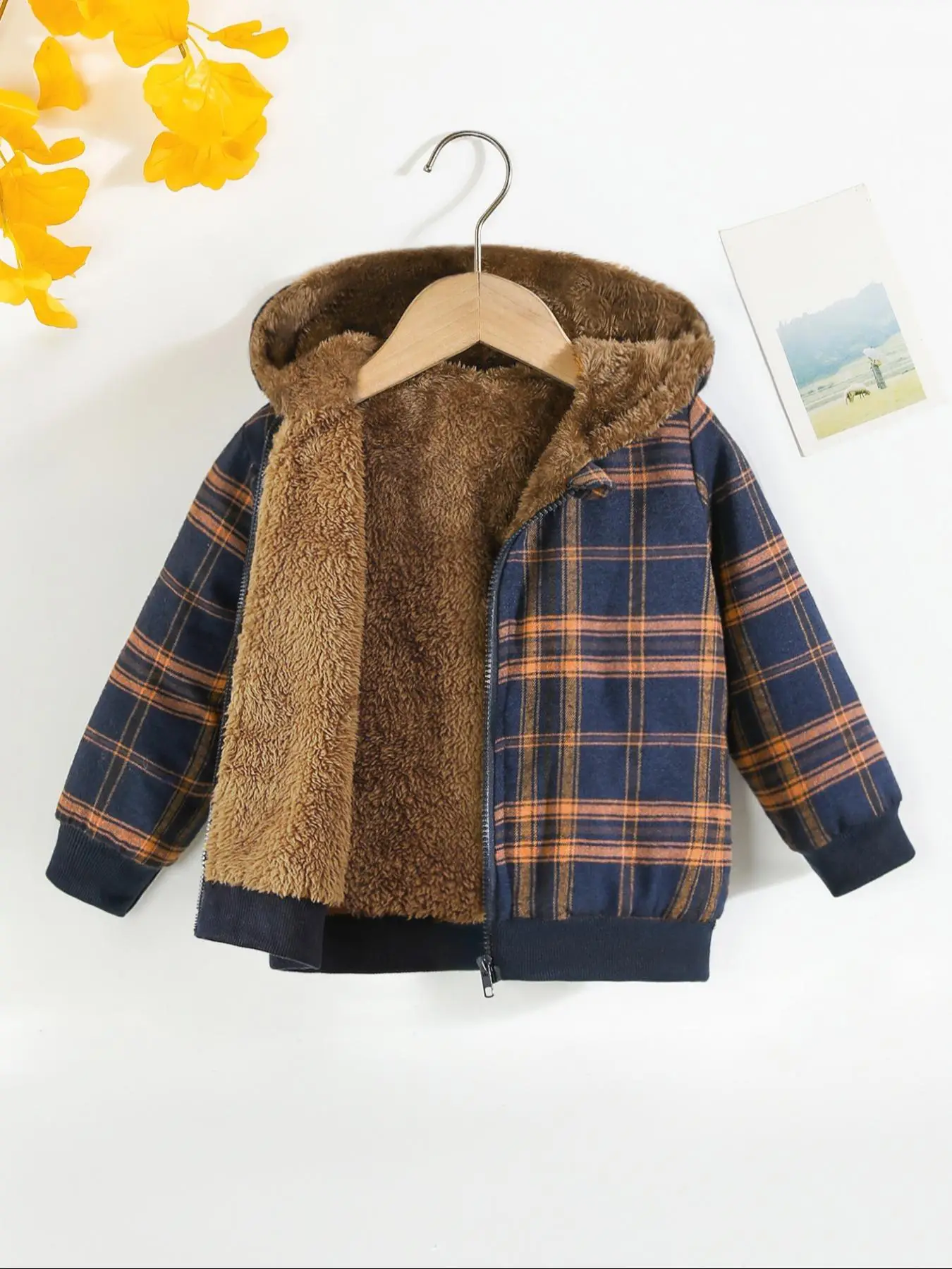 Boy's Plaid Print Zip Up Hooded Jacket Coat, Casual Long Sleeve Thermal Lined Outerwear for Fall & Winter, Kids Clothes for Daily Wear