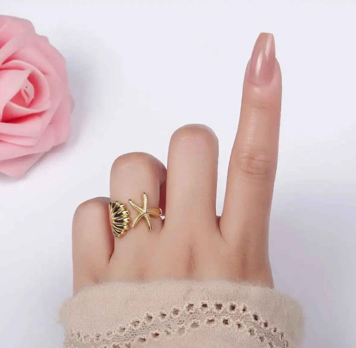 Gold Plated Shell & Starfish Ring