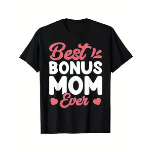 Funny 'Best Bonus Mom Ever' T-Shirt – Heart Graphic Step-Mom Tee, 100% Cotton Soft Black Top – Mother’s Day Gift for Stepmothers (S-XXXL)
