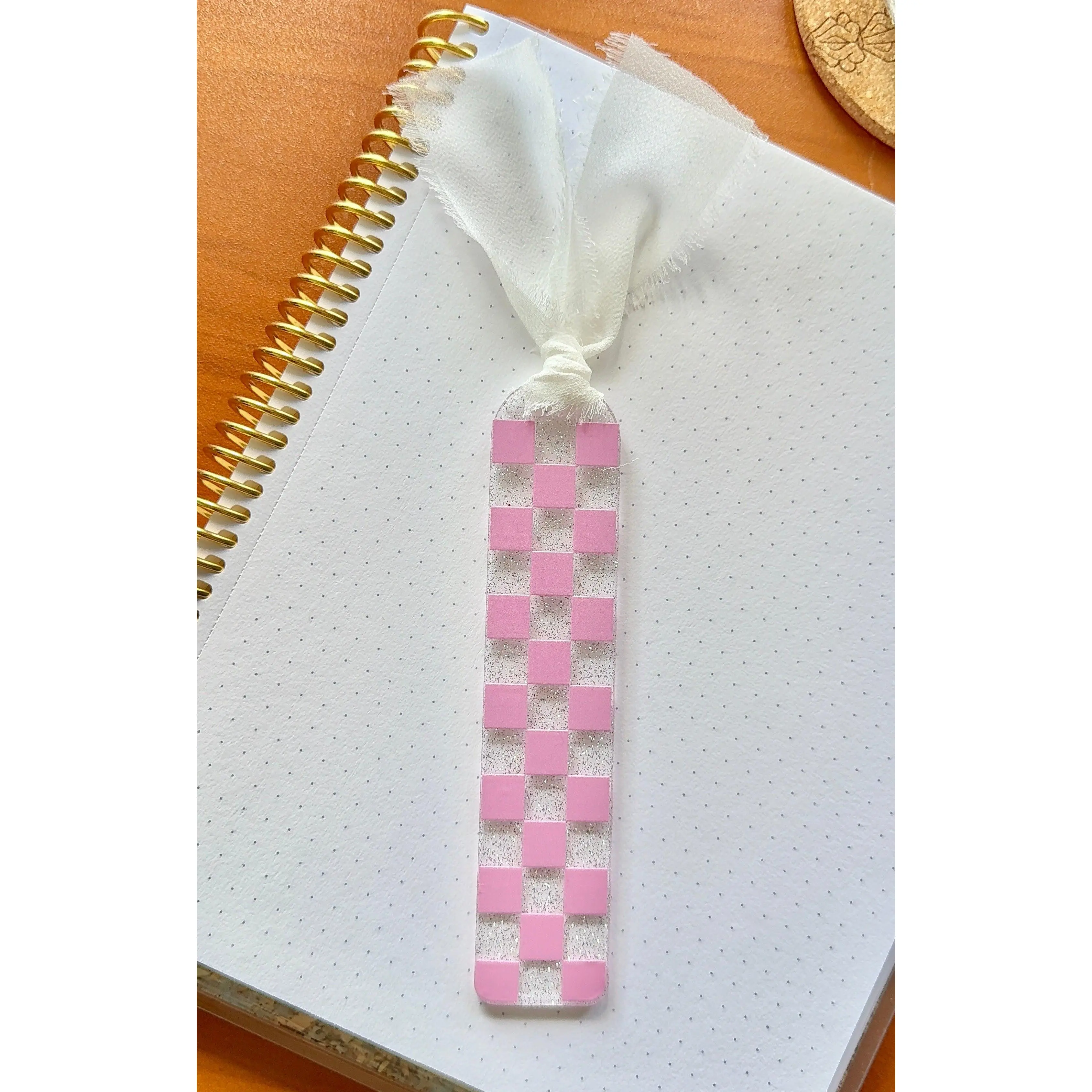 Pink Glitter Checkered Acrylic Bookmark
