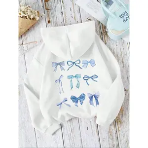 Women’s hooded sweatshirt — fashion trend; blue bow print; casual vintage style for youth; suitable for holidays, simple campus looks, commuting, and outdoor wear