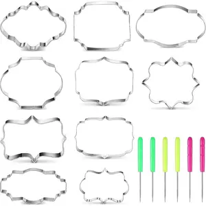 10 Pcs Plaque Frame Cookie Cutter Stainless Steel Biscuit Cutter Fondant Cake Decorating Tools and 6 Pieces Sugar Stirring Pins for Kitchen Baking