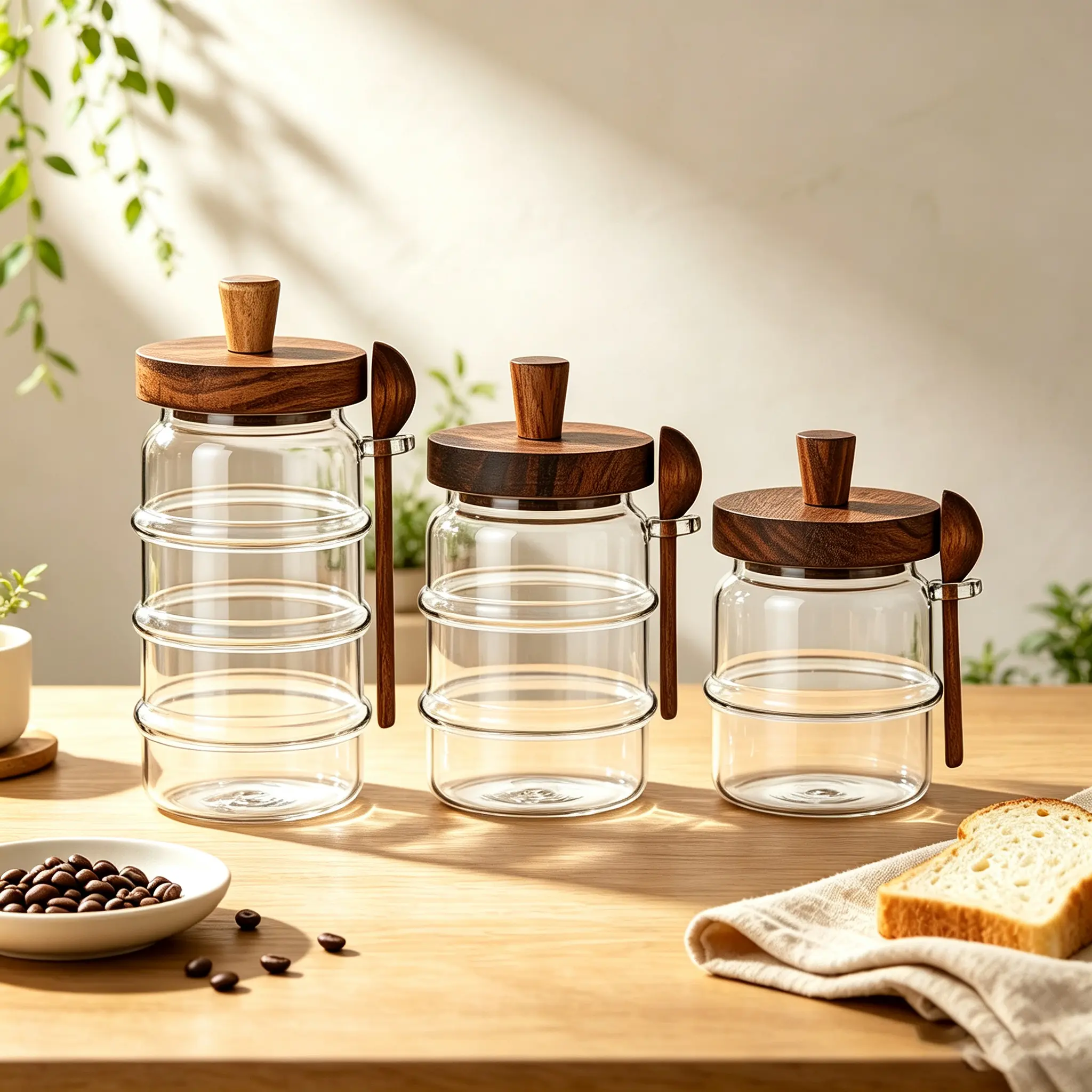 3-Piece Transparent Round Glass Coffee Canisters with Wide Mouth, Wooden Covers & Utensils, 25oz/18.5oz/15oz Heat-Resistant Insect-Proof Moisture-Proof Kitchen Preserving Containers for Food Storage, Tea Leaves