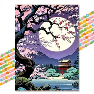 1 Piece Sakura Moonlight 5D Diamond Painting Kit, Frameless Full Artificial Diamonds, Japanese Ukiyo-E Style, Embroidery Design, Hand Embroidered, Handmade Embroidery Set