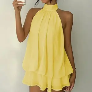 AgeRose Women's Chiffon Halter Neck Mini Dress, Double Layer Tie Back Sleeveless Flowy Dress, Casual Elegant Summer Dress for Party & Daily Wear