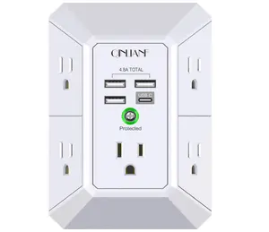 Wall Charger, Surge Protector, QINLIANF 5 Outlet Extender with 4 USB Charging Ports (4.8A Total) 3-Sided 1680J Power Strip Multi Plug Adapter Spaced for Home Travel Office (3U1C)