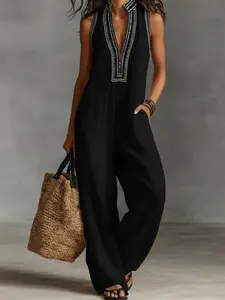 Lady's Minimalist Sleeveless Jumpsuit for Women,Spring Fitted Loose-Fitting Figure-FlatteringClothes, Stand-Up Collar, Zipper Detail,Embroidery, Fashionable Street-StyleWomenswear Overalls Rompers