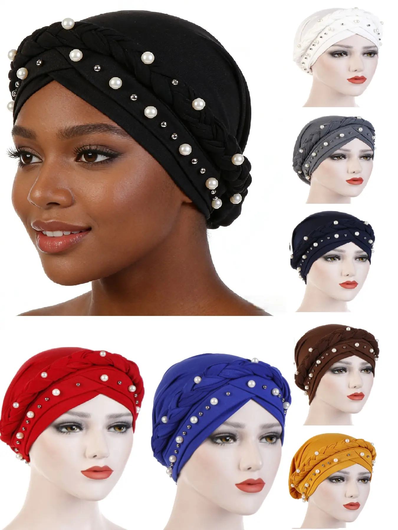 Women's Plain Color Headscarf Hat, Single-Color Braided Fashion Turban Cap with Pearl Buckle, Turban Wrap, Stylish Ladies' Accessory for Daily Wear