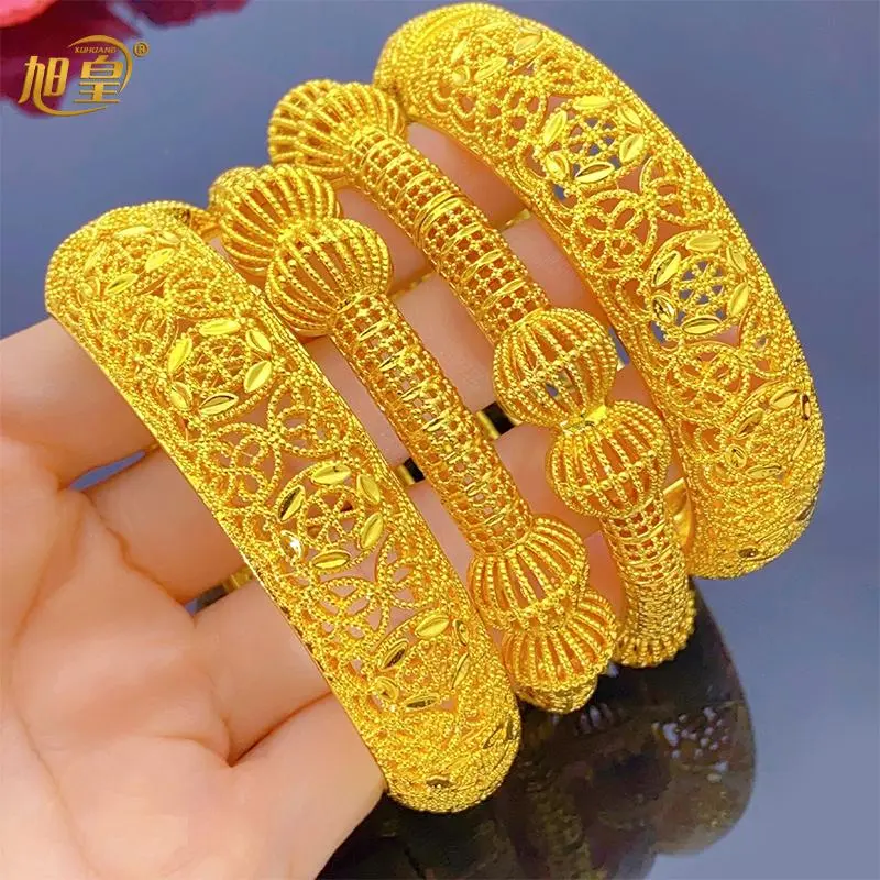 XUHUANG 24k Gold-Tone Round Luxury Bangles, Indian Wedding Bracelets & Anklets, Ethiopian Bridal Dubai Engagement Costume Jewelry Gifts