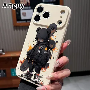 Straight Edge Phone Case for iPhone 17 15 16 14 Pro Max 13 12 11 XR XS Plus Air E  Skate Bear Pattern Full Body Protection Shockproof Soft Liquid Silicone Cover Cellphone Protective