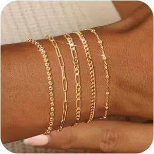 5PCS 14K Gold Plated Bracelets for Women Stackable Bracelet Stack Set Adjustable Charm Paperclip Chain Cuban Link Layered Waterproof Jewelry Sets Gifts for Womens