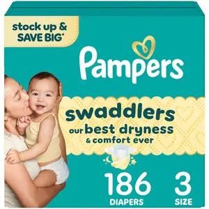 Pampers Swaddlers Sensitive Disposable Diapers Massive Pack - Size 3 - 186ct: 13 to 26 lbs, Polypropylene, Spandex