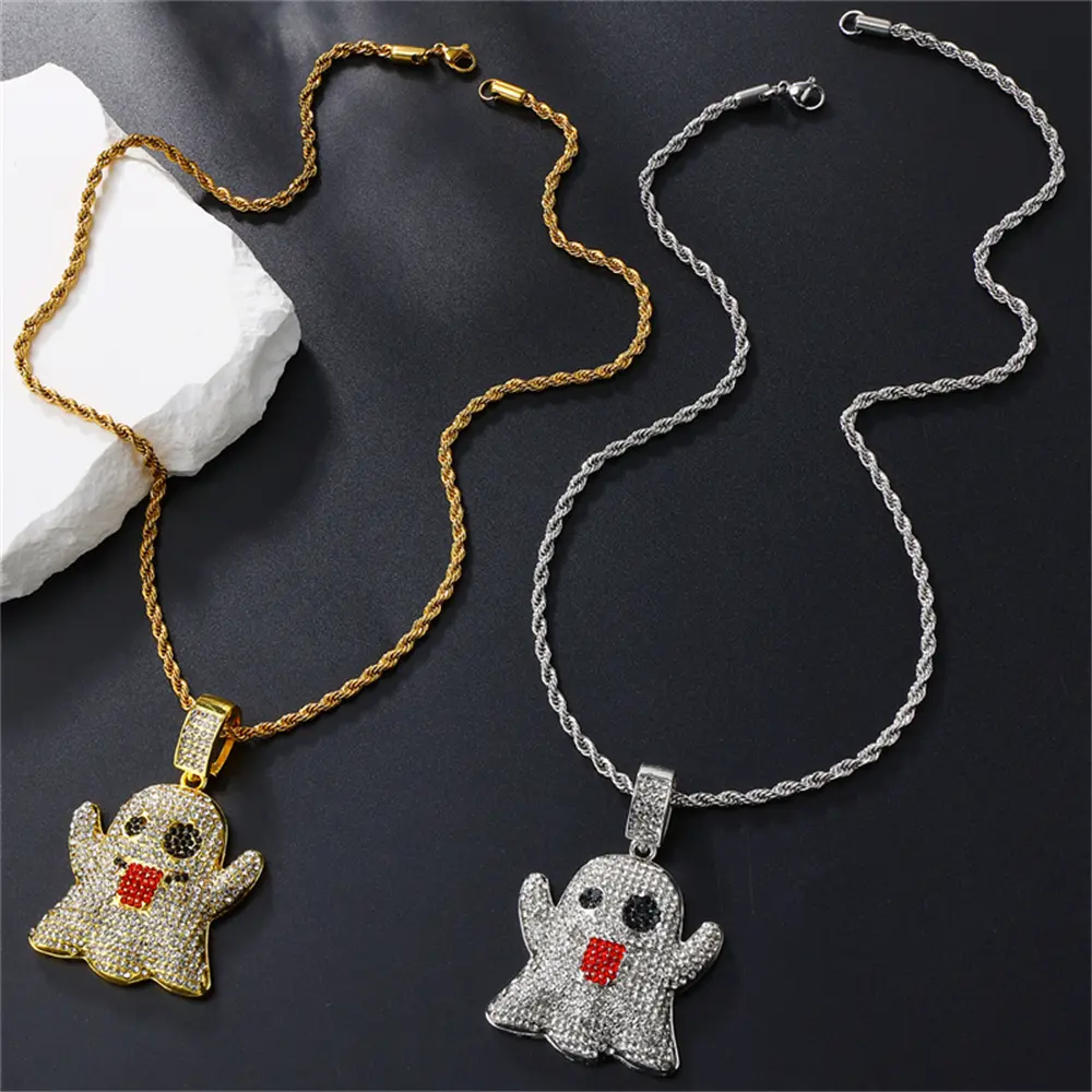 MaxBling81 Unisex Iced Out Ghost Pendant Necklace with Cubic Zirconia, Gold or Silver Plated Rope Chain, 18-24 in Rope Chain Necklaces, Iced Out Jewelry, Daily