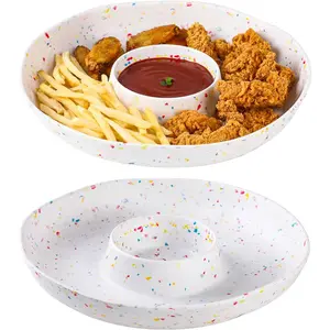 Melamine Chip & Dip Serving Platter Set of 2, 13 Inch Large Melamine Divided Bowls Set, Lightweight and Unbreakable Relish Tray for Appetizers, Snacks, Veggies, Candy - Elegant White Confetti Design