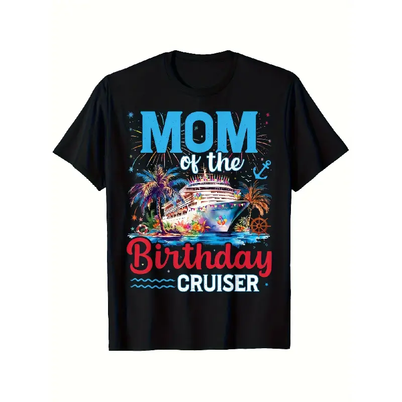 Unisex 100% Cotton Oversized Short Sleeve Menswear Top T-Shirt - Mom of the Birthday Cruise Trip Funny Gift, Casual Round Neck Graphic Tee, S-XXXL Vintage Design